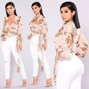 Fashion Nova Mesh Floral Wrap Blouse - Cream and Brown
